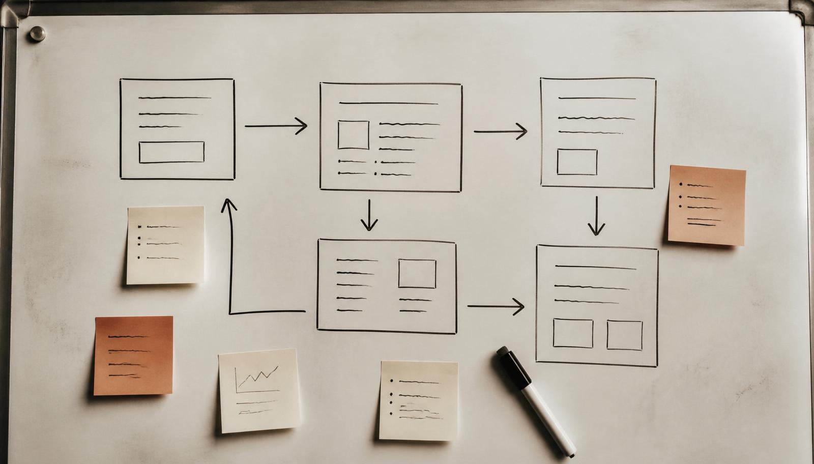 Overhead view of a whiteboard mid-planning, hand-drawn workflow boxes and sticky notes.
