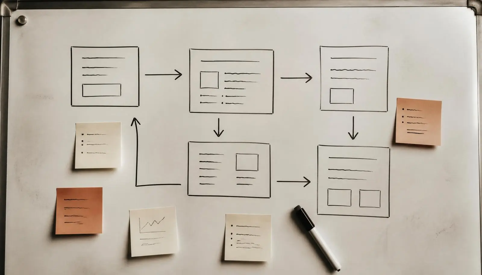 Overhead view of a whiteboard mid-planning, hand-drawn workflow boxes and sticky notes.