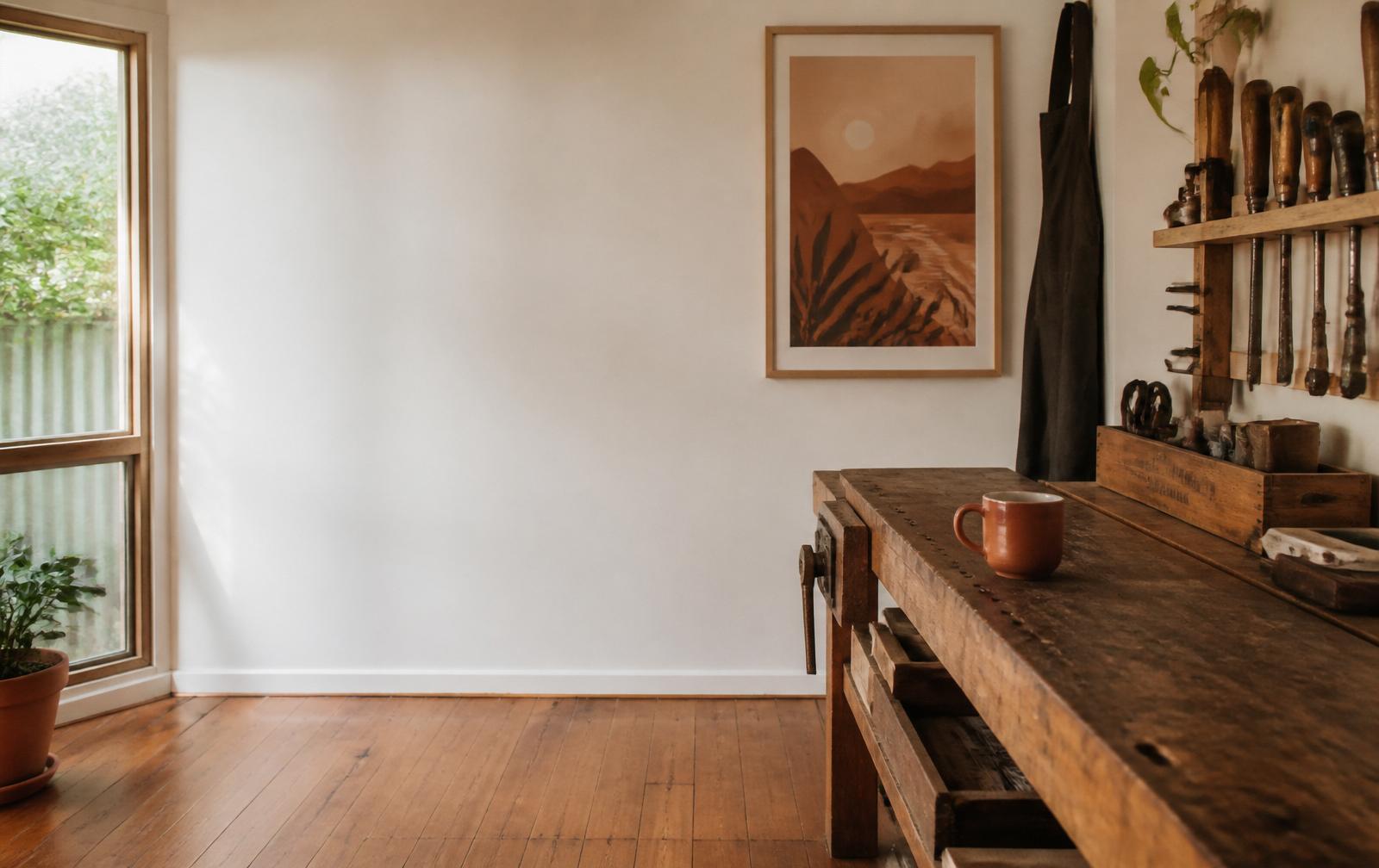 A calm, sunlit small-workshop interior with a warm timber workbench, off-white walls, and a single terracotta mug.