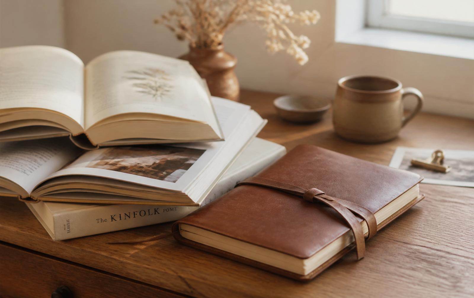 A stack of open reference books and a leather-bound notebook on a warm timber desk in soft window light.