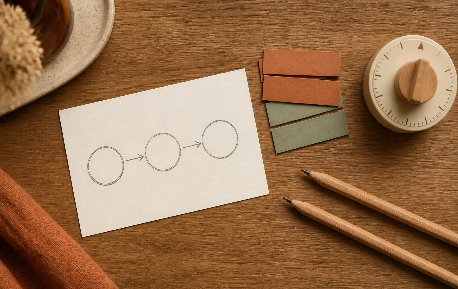 Overhead flat-lay of a warm timber desk with a hand-drawn workflow, coloured sticky tabs, pencils and an analog timer.