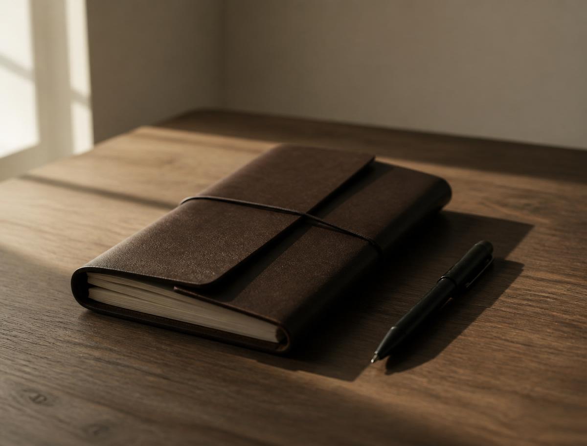A folded leather notebook and pen on a warm timber desk in soft window light.